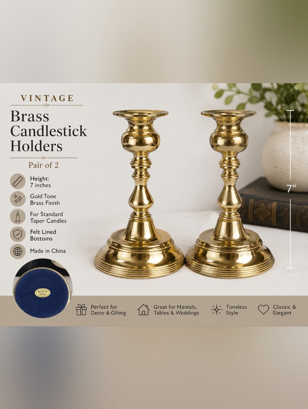 Vintage Pair of Brass Candlestick Holders 7" Gold Tone Taper Candle Sticks